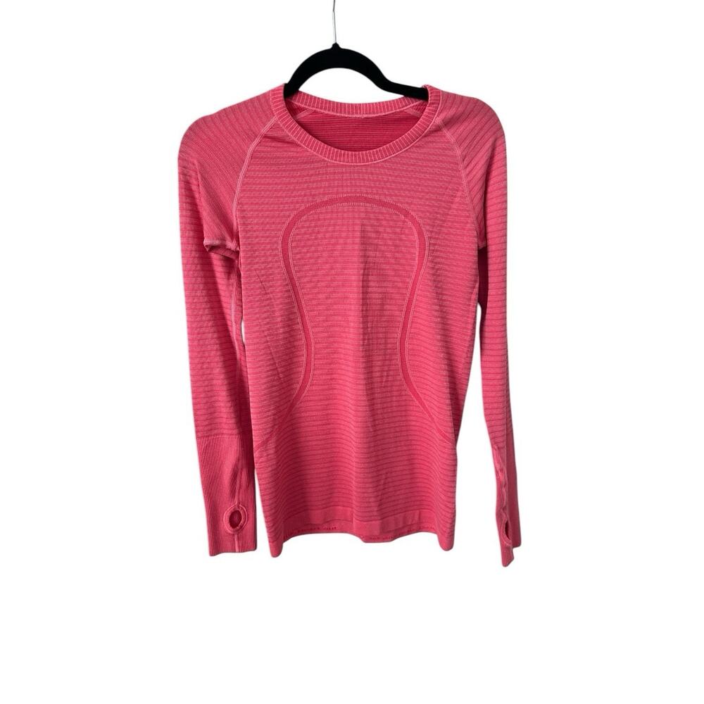 Lululemon Swiftly Top Long Sleeve Pink Striped Thumb Holes Size 6